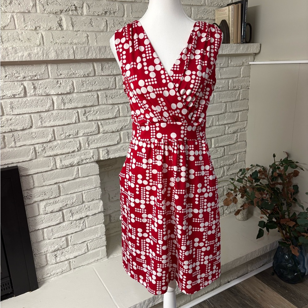 George Red White Geometric Polka Dot Faux Wrap Sleeveless Dress Size L Large